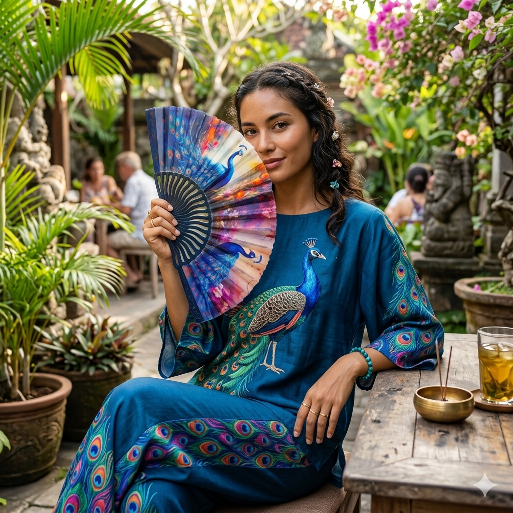 7AGAT hand folding fan with peacock print, foldable plastic frame and printed fabric, ideal for personal cooling and decorative use.