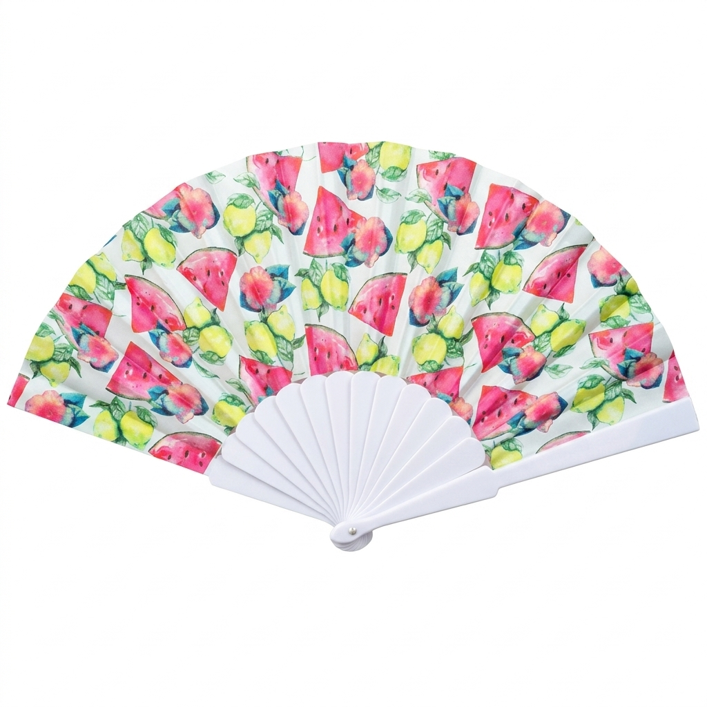 7AGAT watermelon print hand folding fan with plastic frame, foldable and portable, ideal for summer outdoor events and travel.