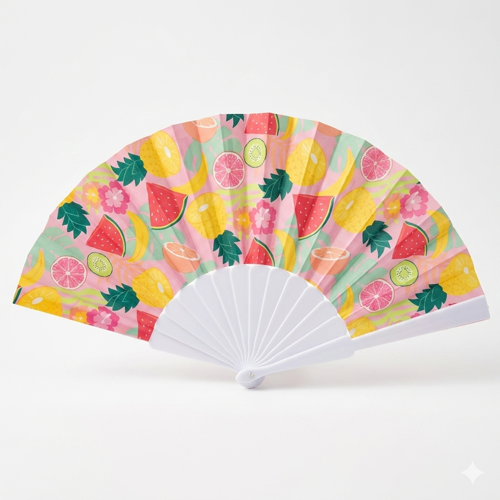 7AGAT hand folding fan with watermelon print, plastic frame, foldable design, perfect for summer outdoor events and travel.