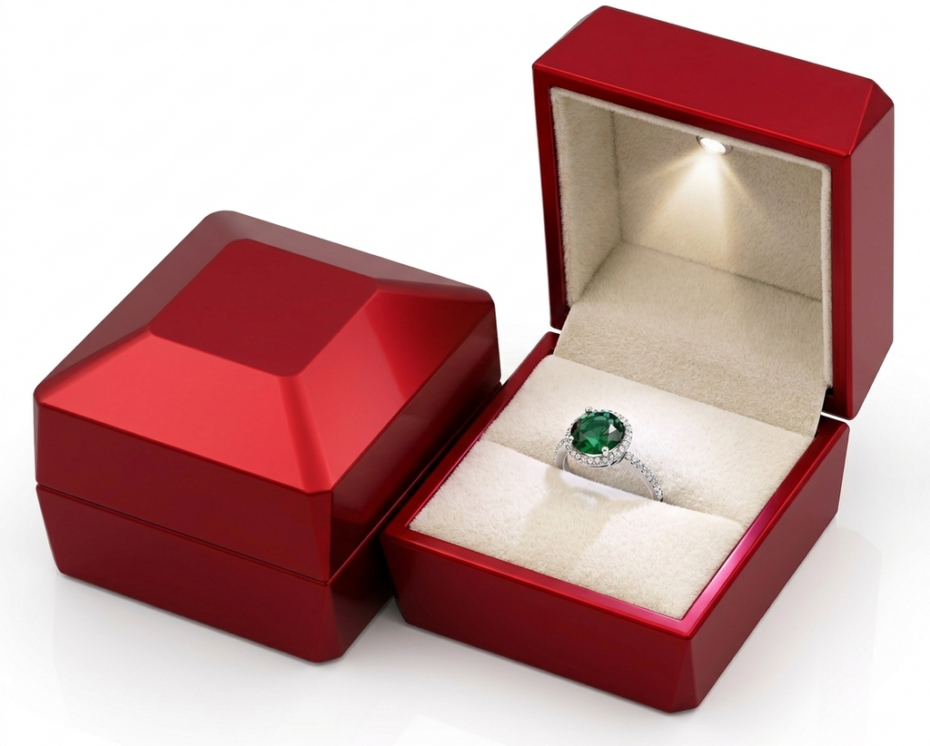 Luxury LED ring box with arc-shaped top, 7AGAT jewelry box designed for proposals and engagements, with built-in lighting.