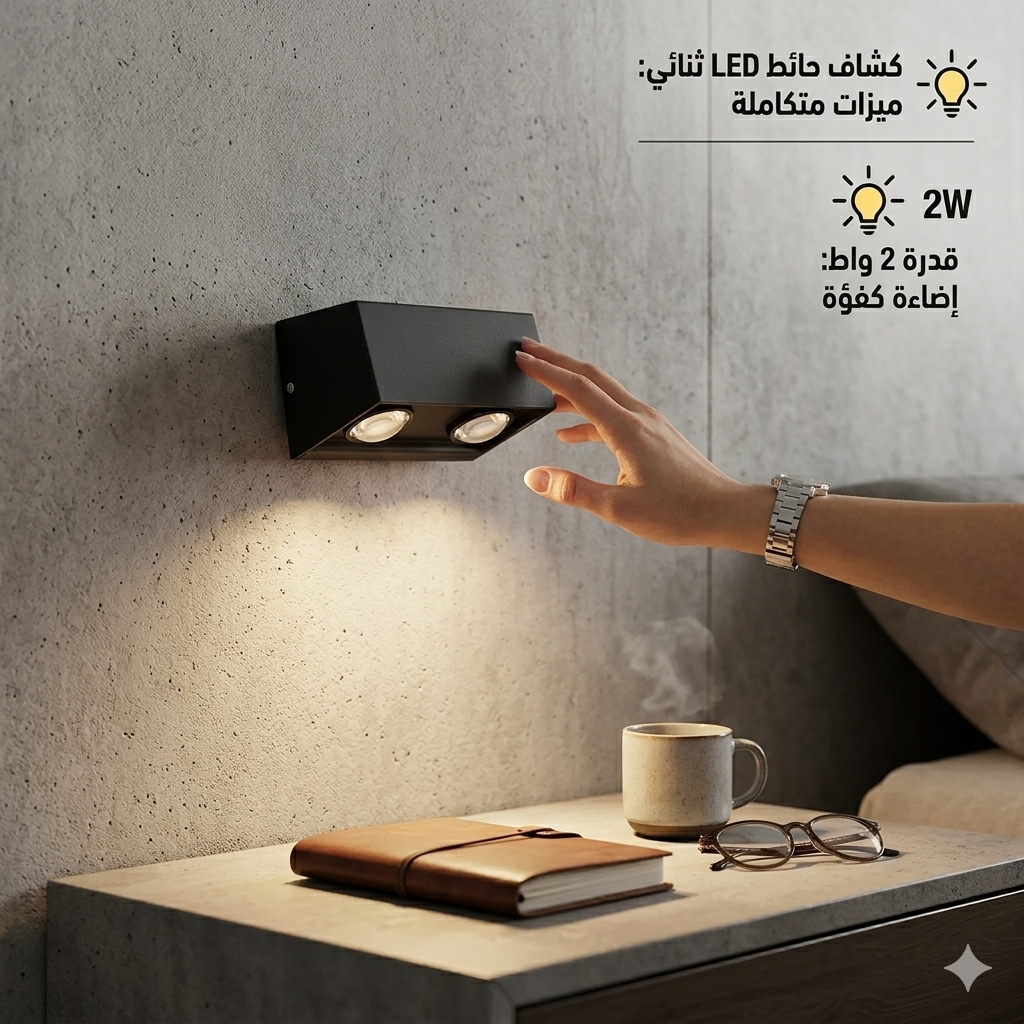 Dual head LED wall light by 7AGAT with warm white 3000K glow, energy-efficient indoor modern decorative lamp.