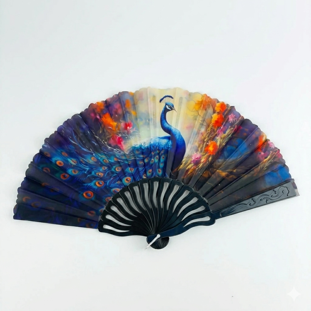 7AGAT hand folding fan with peacock print, foldable plastic frame and printed fabric, ideal for personal cooling and decorative use.