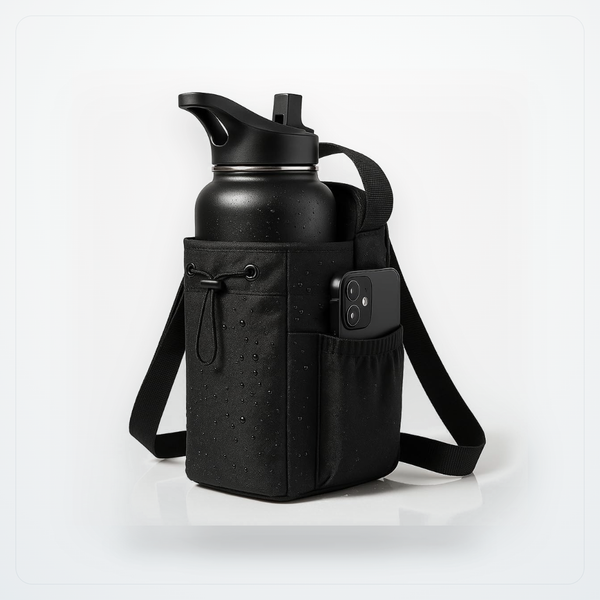 Magnetic gym water bottle bag with phone pocket, waterproof workout organizer, in black with adjustable strap and sleek design.