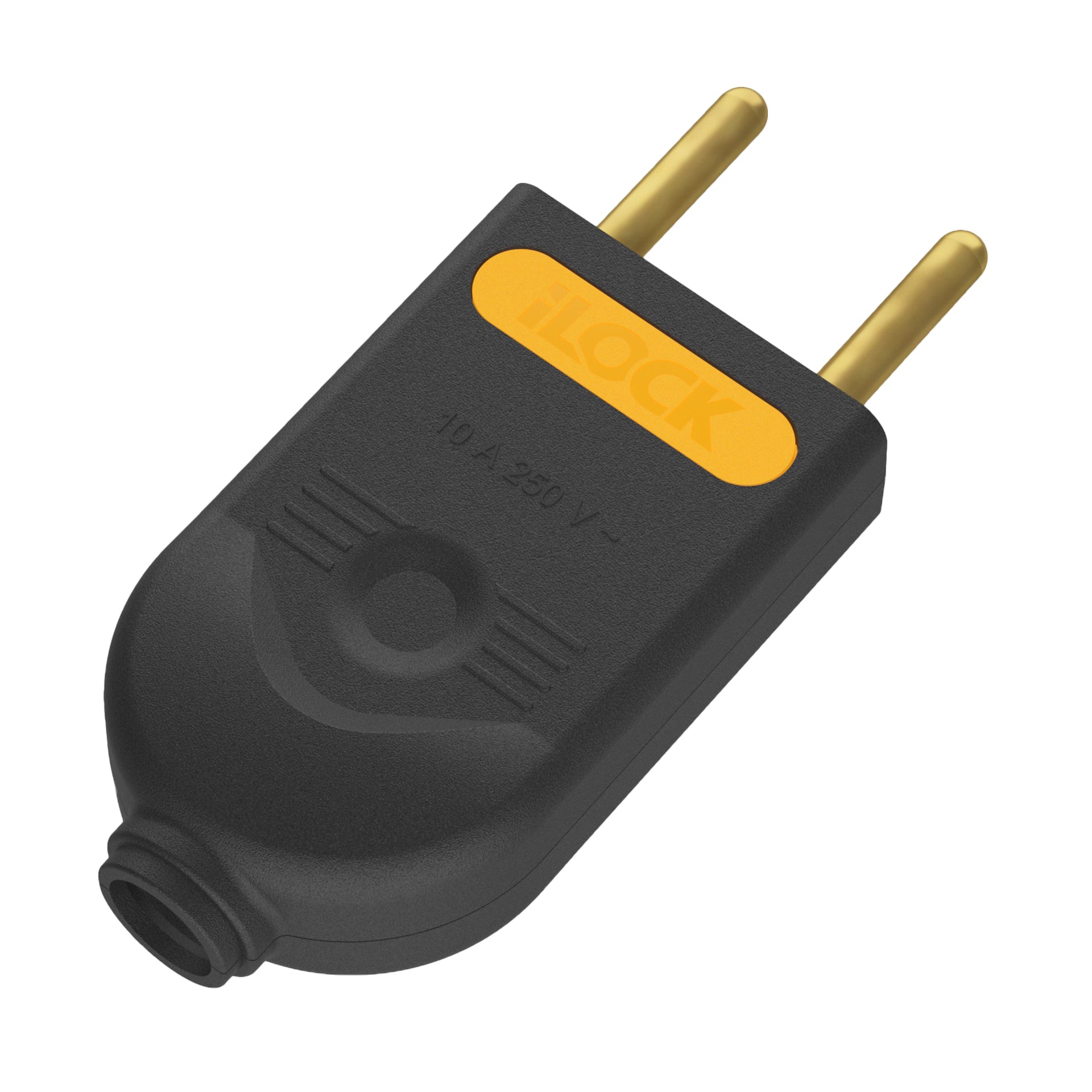 7AGAT iLOCK male electrical plug with 16A 250V 3500W power connection, black and yellow, copper pins, for extension cords and cables.