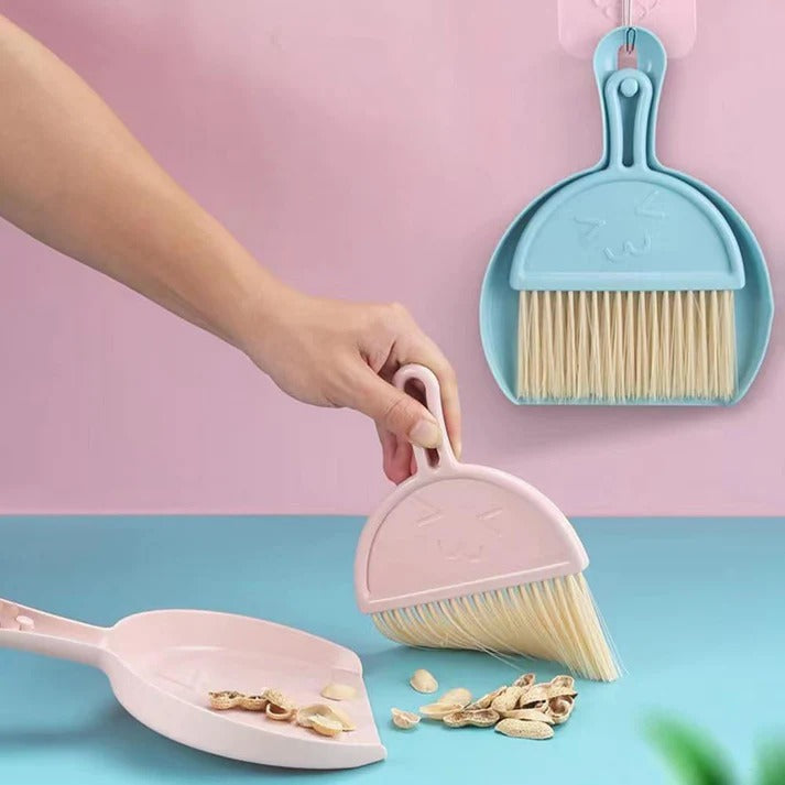 Mini cleaning brush and dustpan set with soft dense bristles, in multi colors, for desk, kitchen, and office cleaning by 7AGAT.