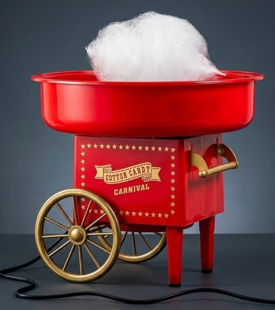 7AGAT electric cotton candy maker in classic carnival style, showing colorful spun sugar ready for home parties.