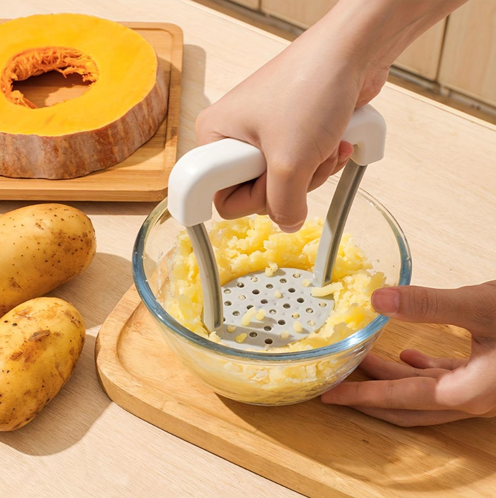 7AGAT manual potato masher with plastic handle, ideal for mashing potatoes, vegetables, and fruits in cooking utensils.