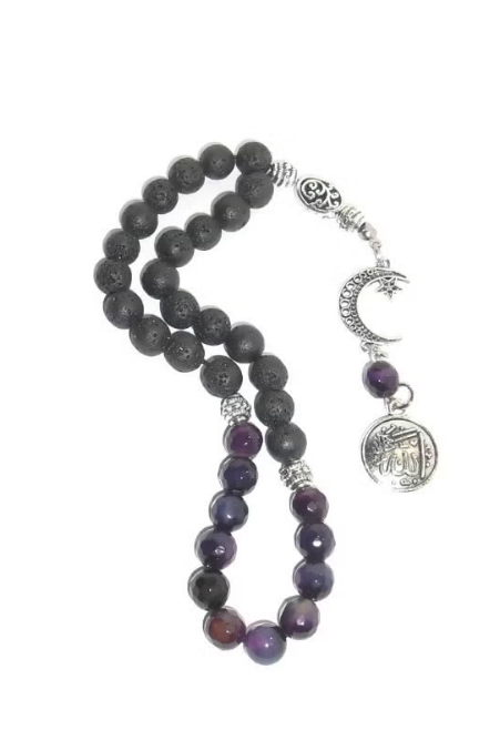33 Bead Rosary with 22 Black Lava Beads and 11 Agate Beads, 8mm Prayer Beads with Jute Gift Bag