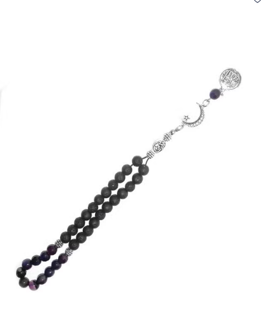 33 Bead Rosary with 22 Black Lava Beads and 11 Agate Beads, 8mm Prayer Beads with Jute Gift Bag