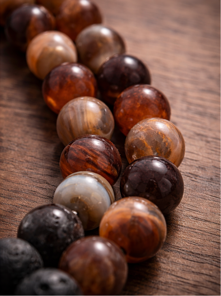 Two sets of beaded bracelets on a wooden surface, one black and silver, the other brown and silver.