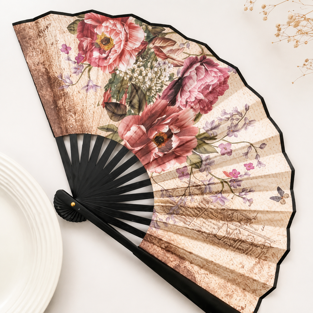 Hand Fan High Quality of Durable Plastic, Leather Double-Sided Folding Flower Pattern Easy to Carry for Weddings, Party Favors, Performances, Dances,Home Decorations,Festivals,Gifts