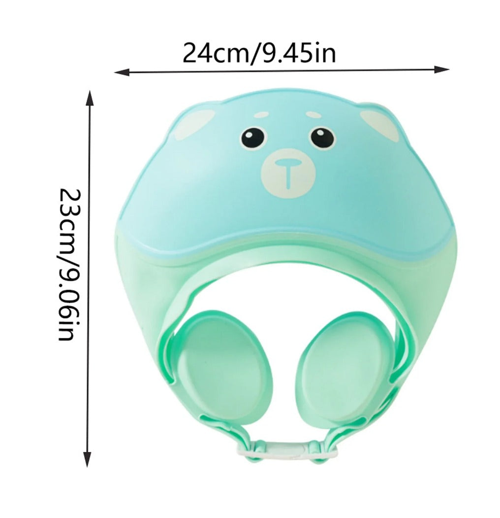 Multi-color adjustable silicone baby shampoo cap with waterproof shower visor and earmuff protection for kids during bath time.