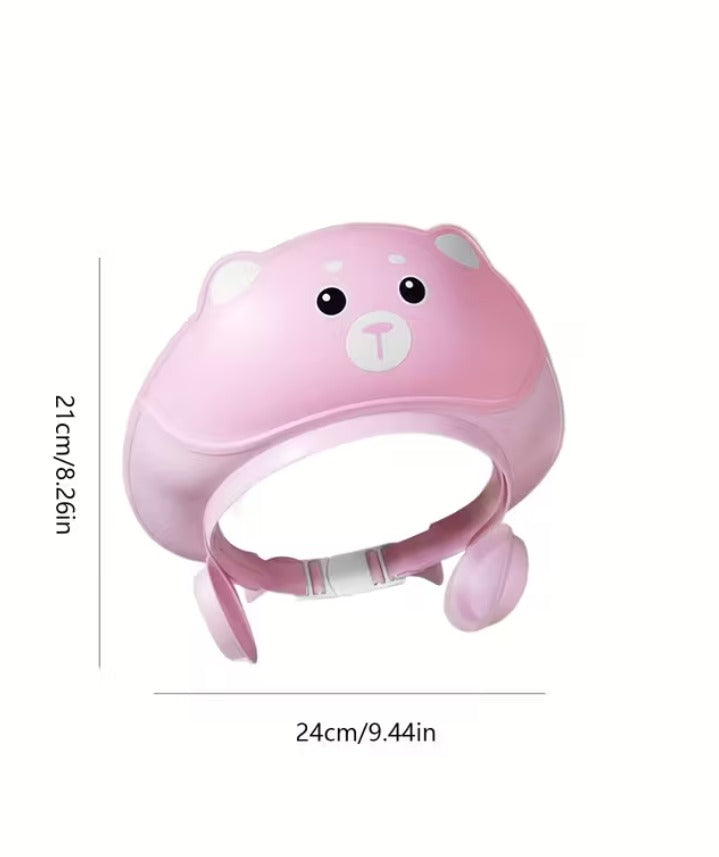 Multi-color adjustable silicone baby shampoo cap with ear protection, waterproof bath visor for kids, tear-free shower hat.