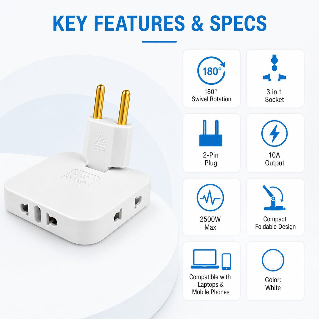 180 Degree Swivel Socket Converter Compact Power Adapter for Home, Office & Travel - White