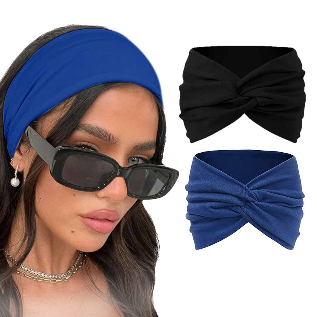 Two knitted cotton headbands in blue and black with knot designs, made for women and girls, soft and comfortable hair accessories.