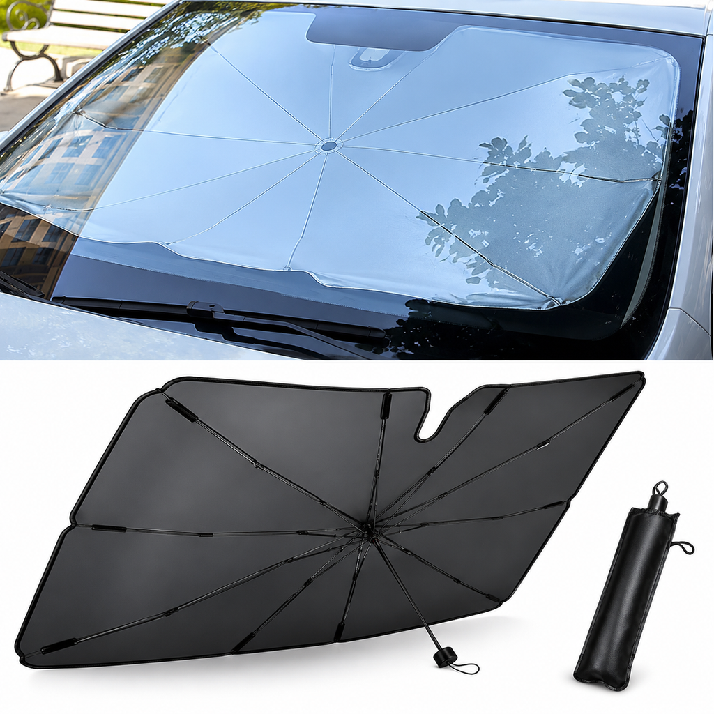 7AGAT foldable car windshield sunshade umbrella with reflective coating provides UV protection and fits most vehicle windshields.