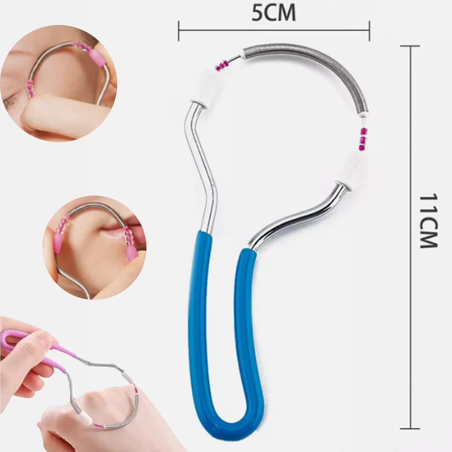 7AGAT facial hair removal spring tool with soft grip handle, stainless steel, for painless face, upper lip, and chin hair removal.