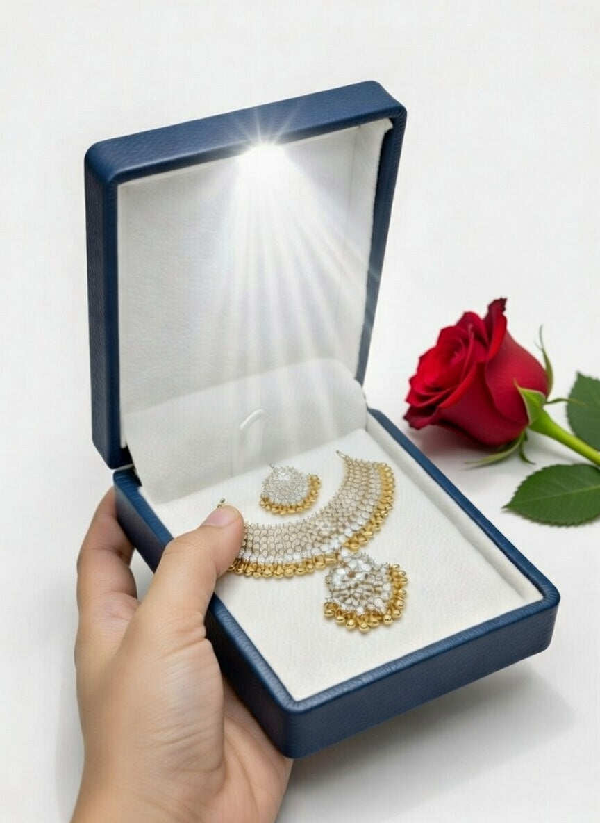 Luxury octagonal LED jewelry box by 7AGAT with compartments for necklaces, earrings, and special occasions, illuminated interior.