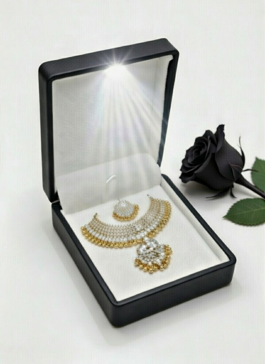 Luxury octagonal LED jewelry box by 7AGAT displaying necklaces and earrings with illuminated interior for elegant storage.