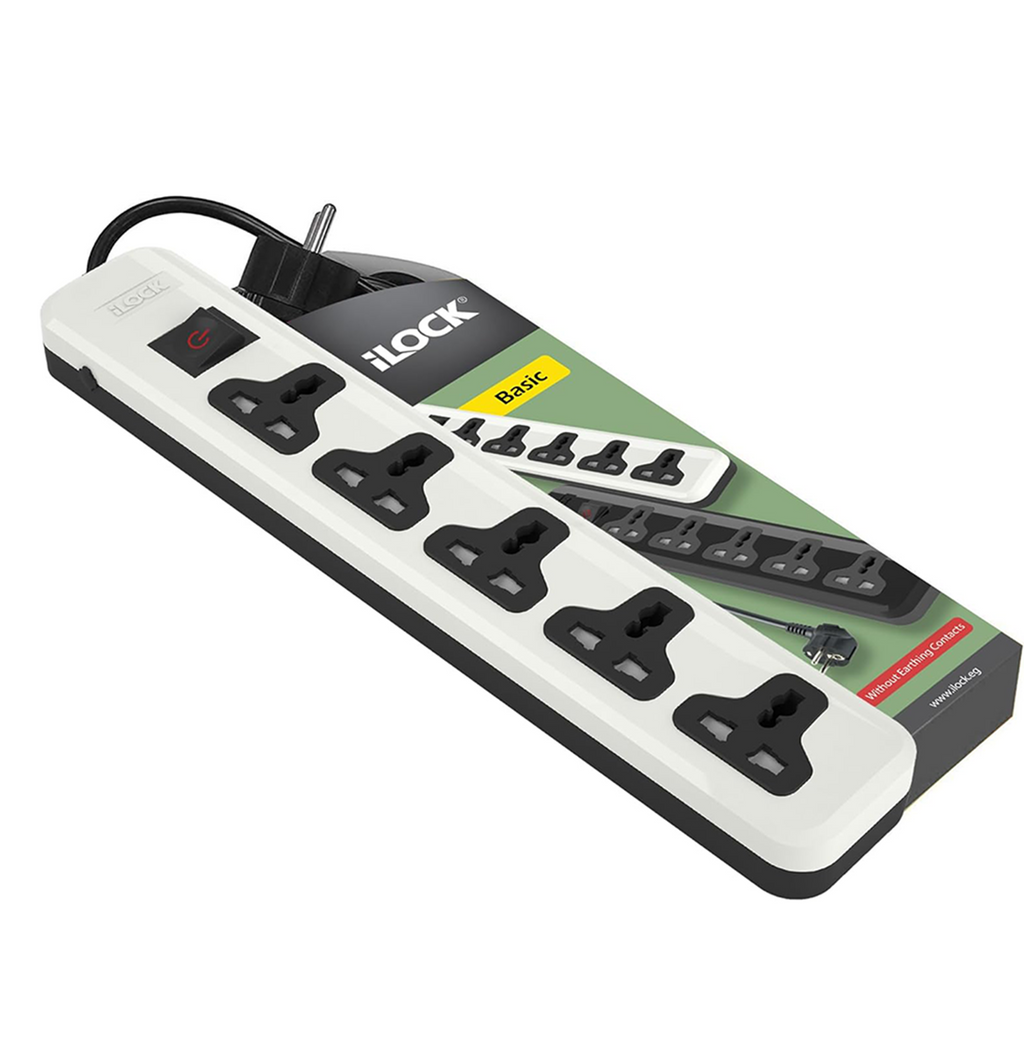 An iLOCK 8-outlet power strip with a white and black plastic body, shown alongside its green and black retail packaging box on a plain white background.