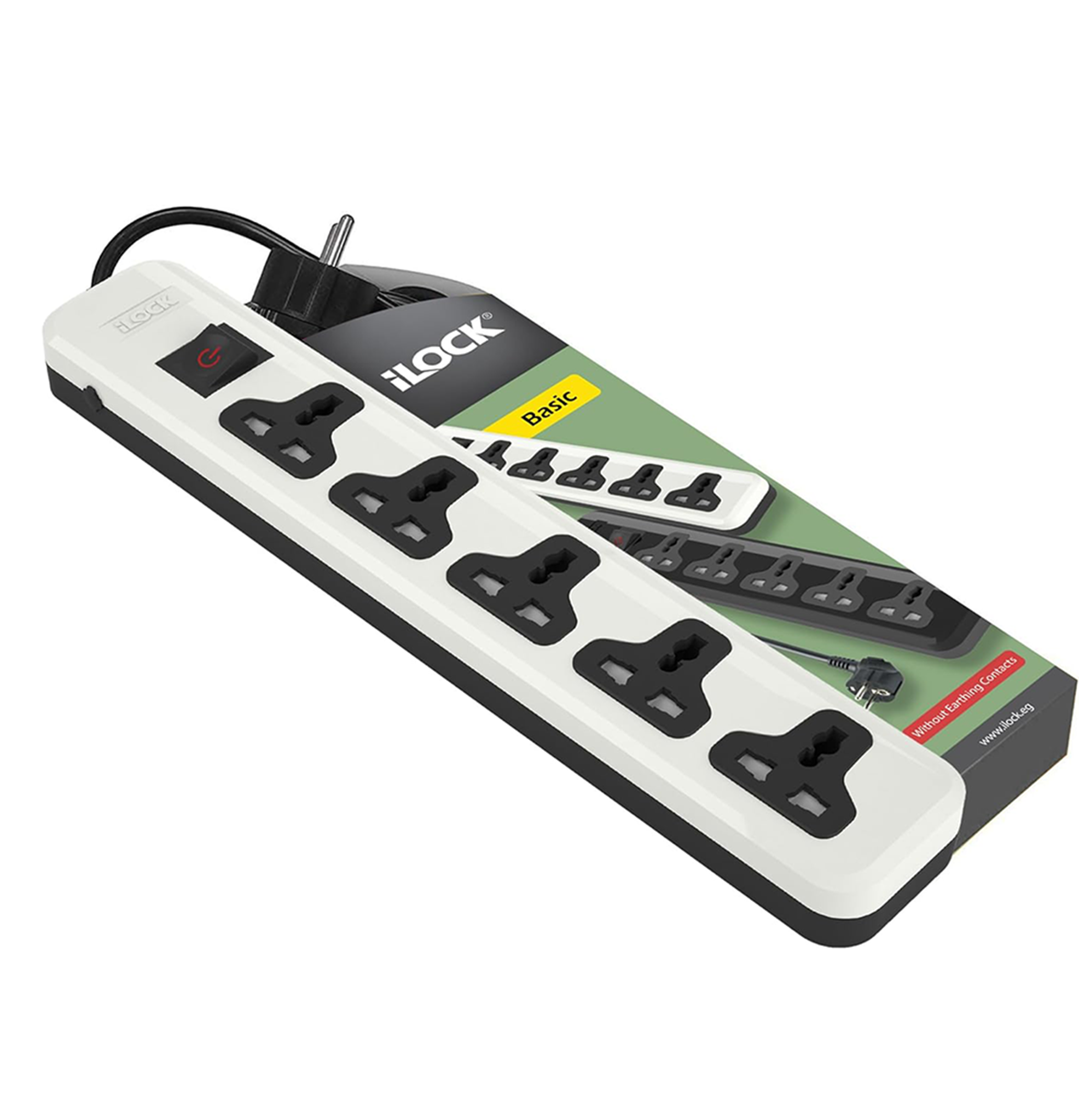 An iLOCK 8-outlet power strip with a white and black plastic body, shown alongside its green and black retail packaging box on a plain white background.