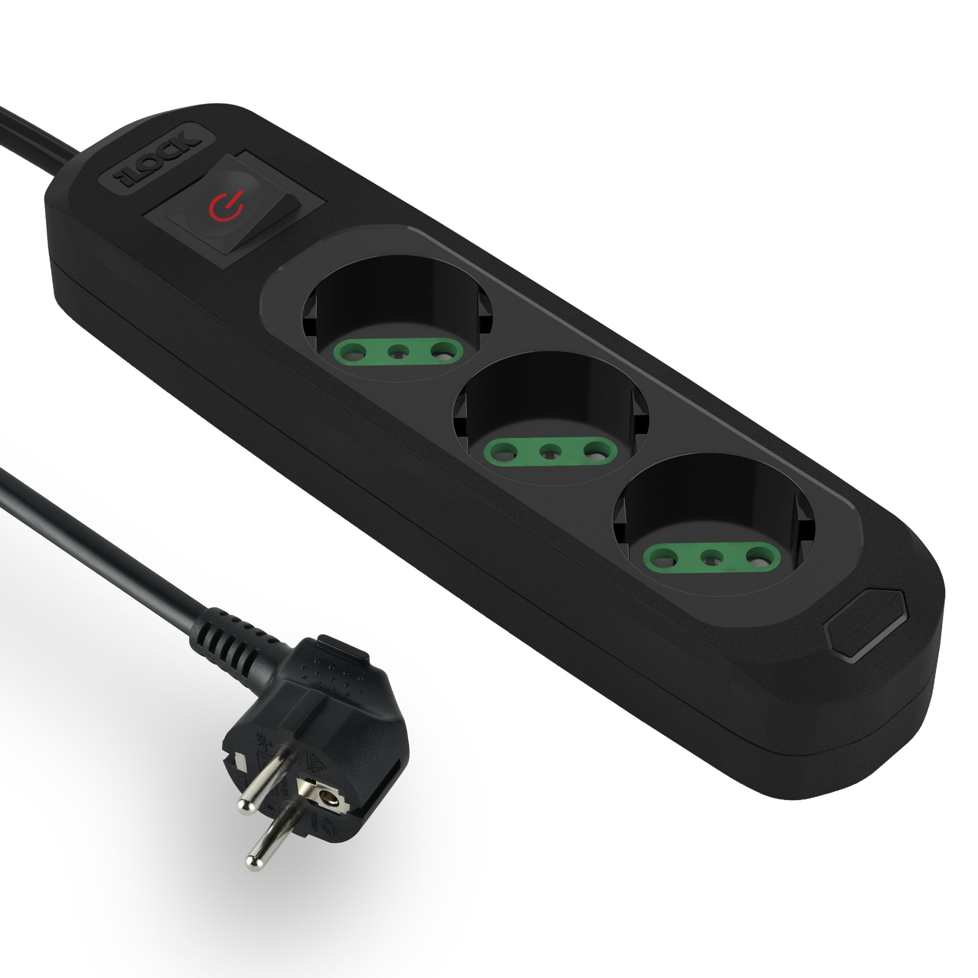 7AGAT 3-Way Schuko power extension strip with double pole safety switch, overload protection, black, 1.5M length, 16A, 3680W