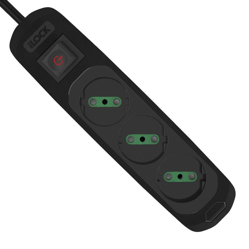 Black 7AGAT 3-Way Schuko power extension strip with double pole safety switch, overload protection, and 1.5M cord.