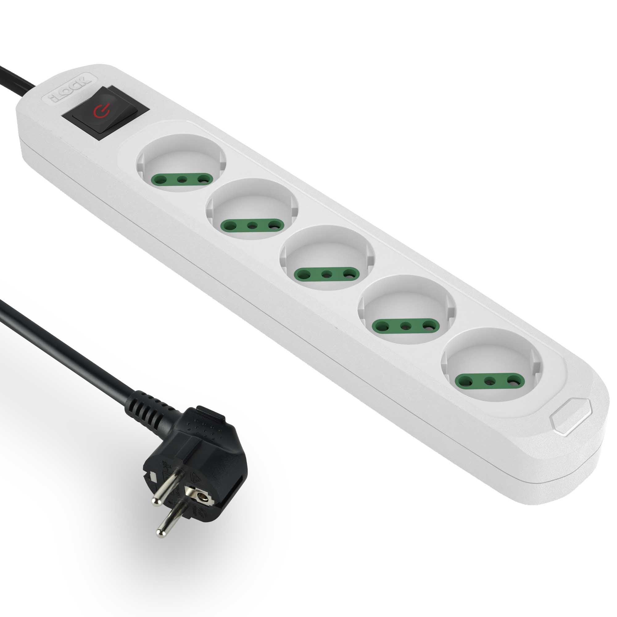 7AGAT 5-Way Schuko power extension strip in white with childproof sockets, safety ON/OFF switch, 3-meter cord, 16A, 3500W