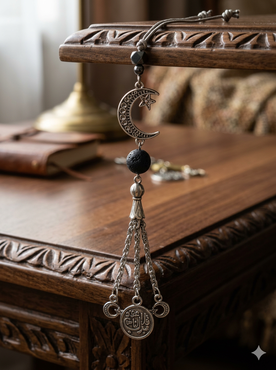 Handmade 33-Bead Tasbih Islamic rosary with 10mm prayer beads displayed alongside a burlap bag by 7AGAT.