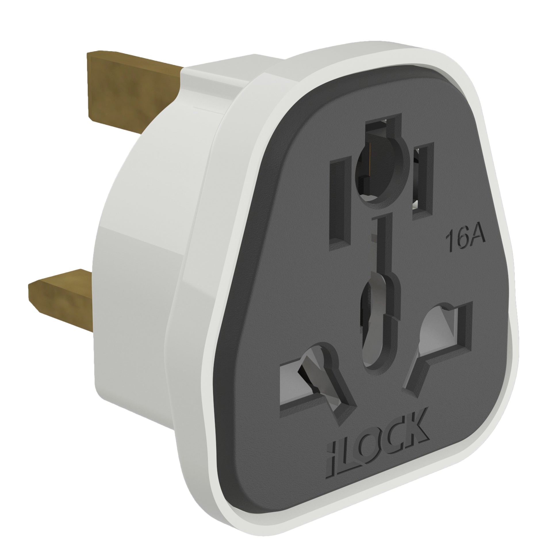 7AGAT iLOCK UK Type G plug adapter with 3-pin brass pins, white heavy-duty power converter for UK 13A 250V sockets.