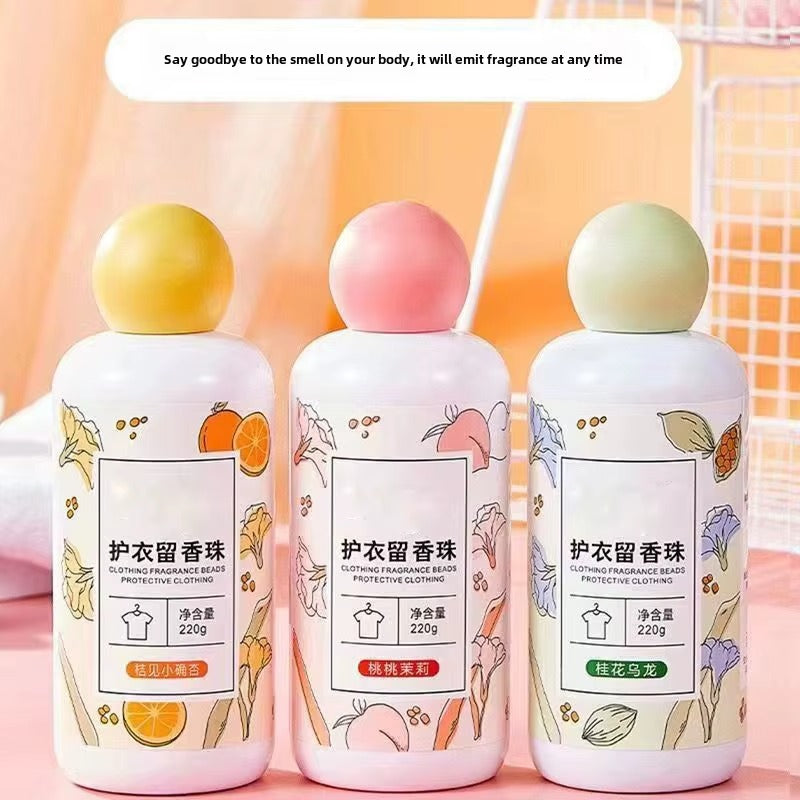 7AGAT laundry scent booster beads in a 220g container, long-lasting fabric fragrance, with multiple scent options, shown with cleaning cloths