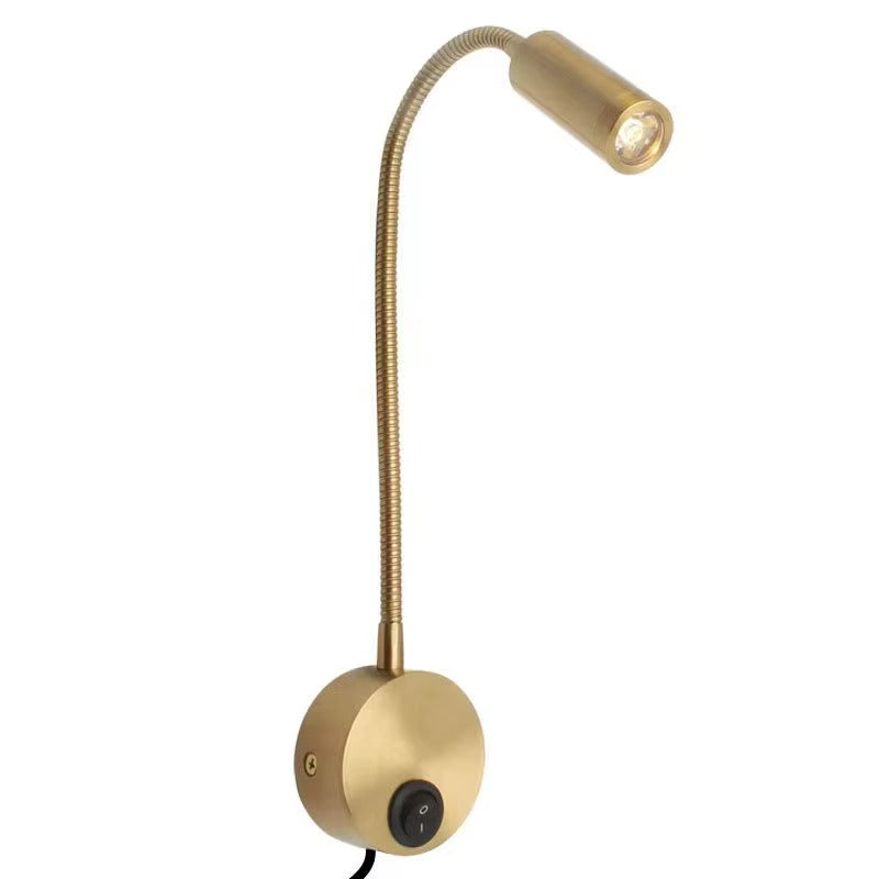 Elegant gold LED wall reading light with flexible gooseneck and on/off switch, ideal for bedroom, study, or task lighting.