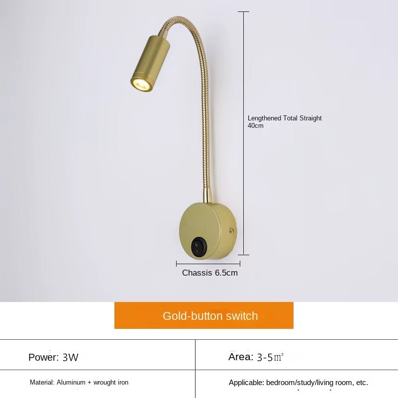 7AGAT modern LED wall reading light with flexible gooseneck, gold finish, on/off switch, ideal for bedrooms, studies, and task lighting.