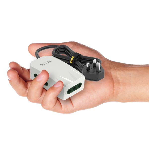 7AGAT iLOCK Mini 3-Way Power Extension with Type G plug, flat cable, child safety shutters, night light, fire-resistant housing