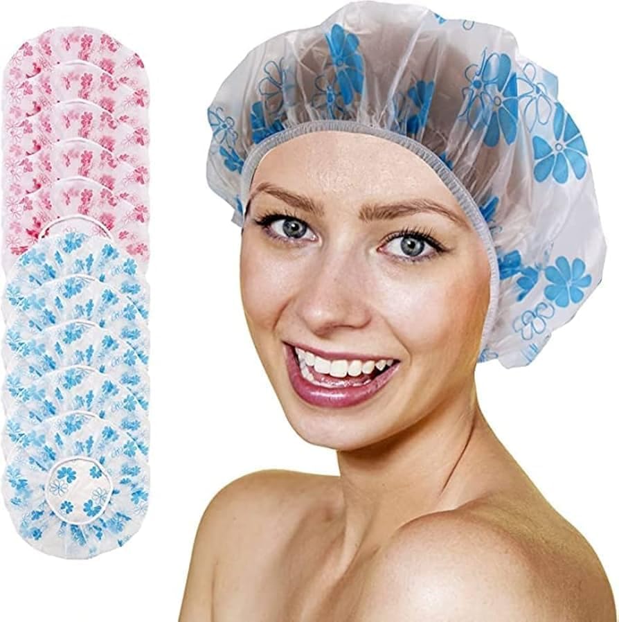 Two waterproof 7AGAT hair bonnets with colorful patterns, reusable shower caps for hair protection during shower, coloring, and treatments.