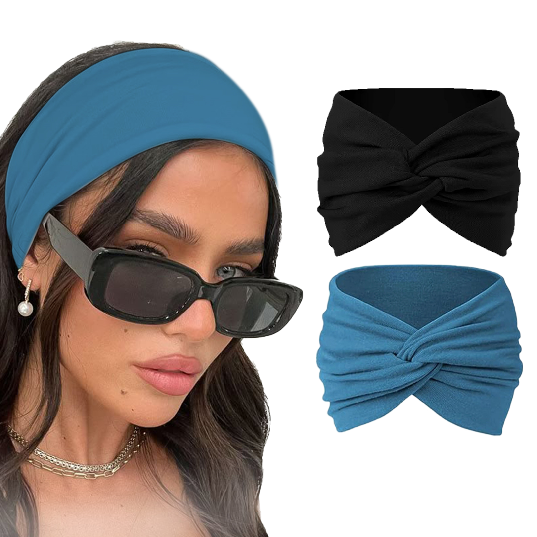 Navy blue and black knitted cotton headbands with cute knots, designed for women and girls, featuring stylish turban-style headwraps.