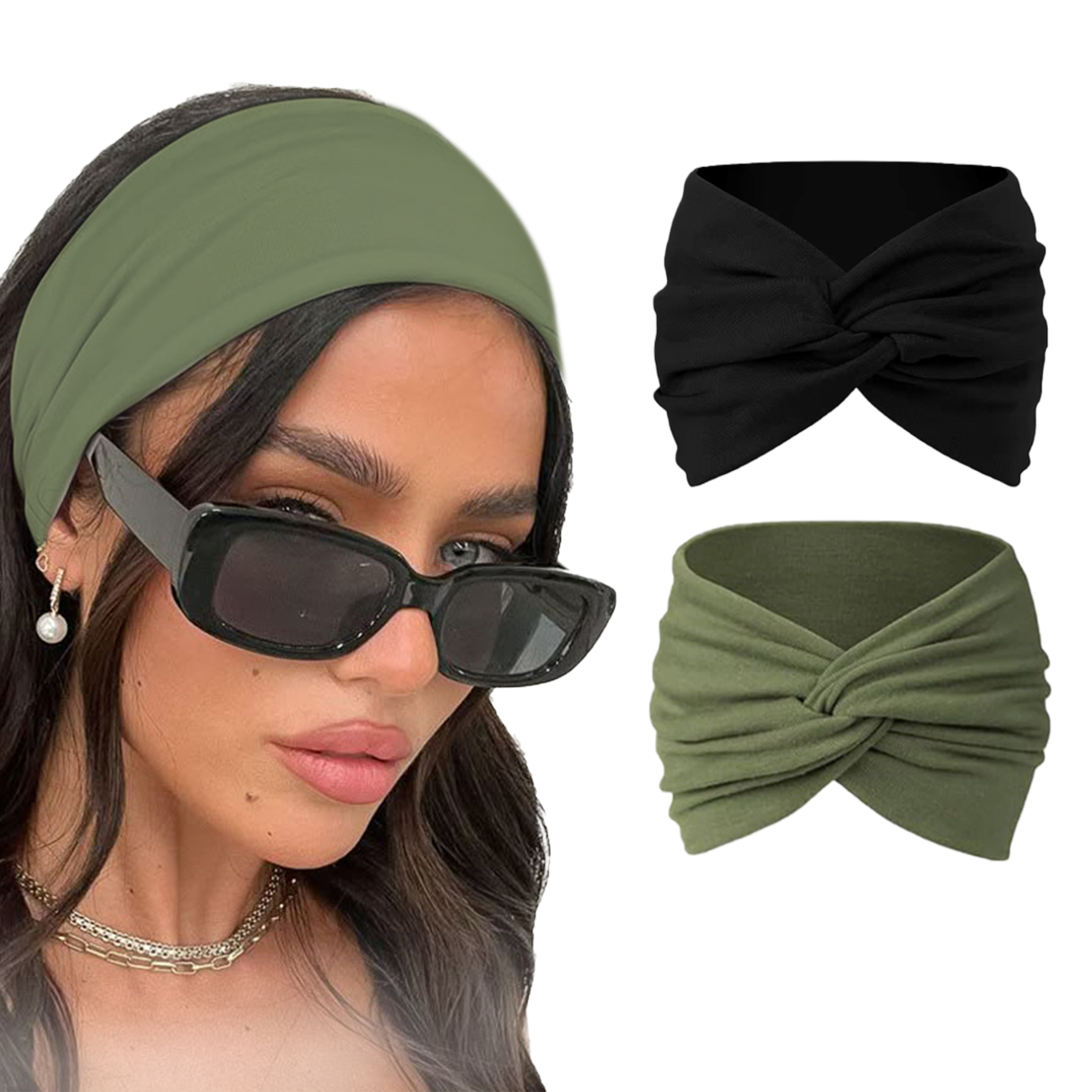 Olive green and black knitted cotton turban headbands for women and girls, with cute knot design and comfortable headwrap style.