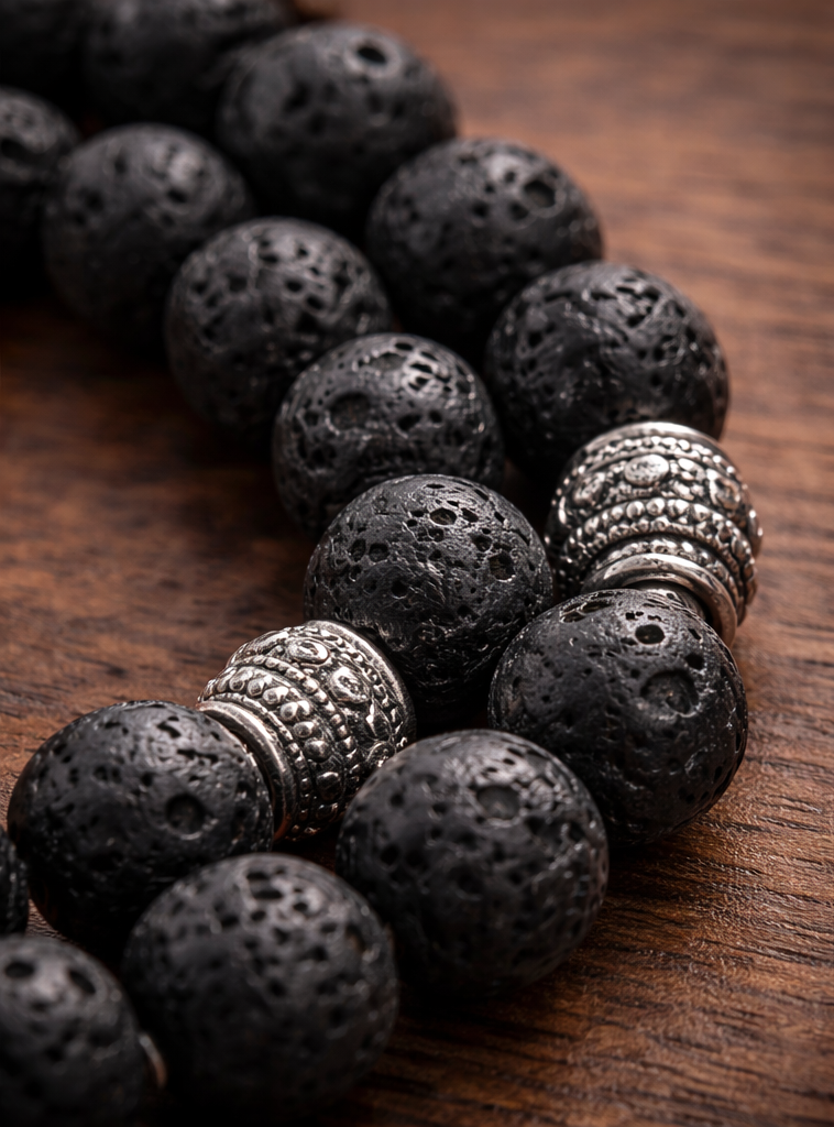 Two sets of beaded bracelets on a wooden surface, one black and silver, the other brown and silver.