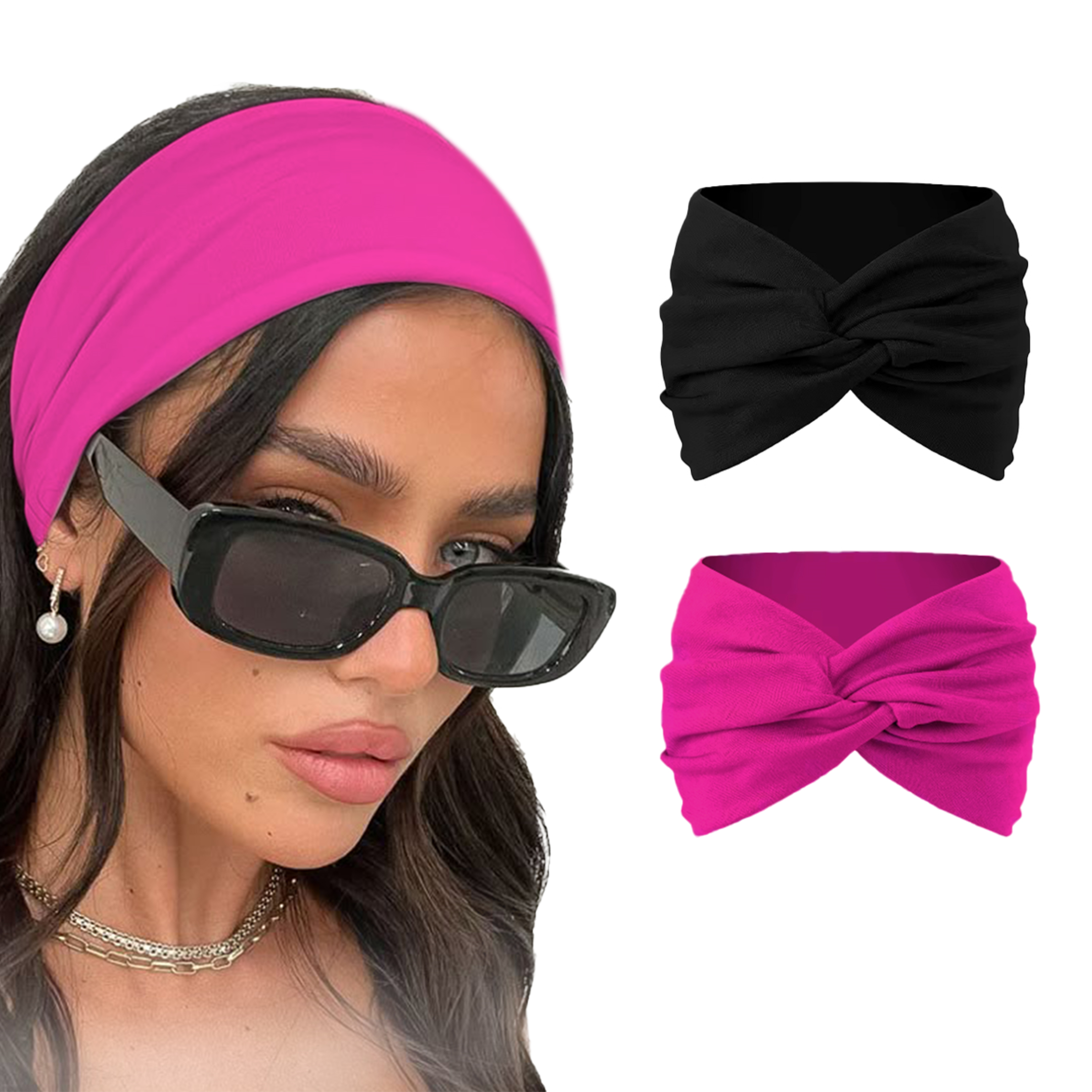 Pink and black knitted cotton headbands with cute knot design, perfect for women and girls as stylish turban headwrap accessories.