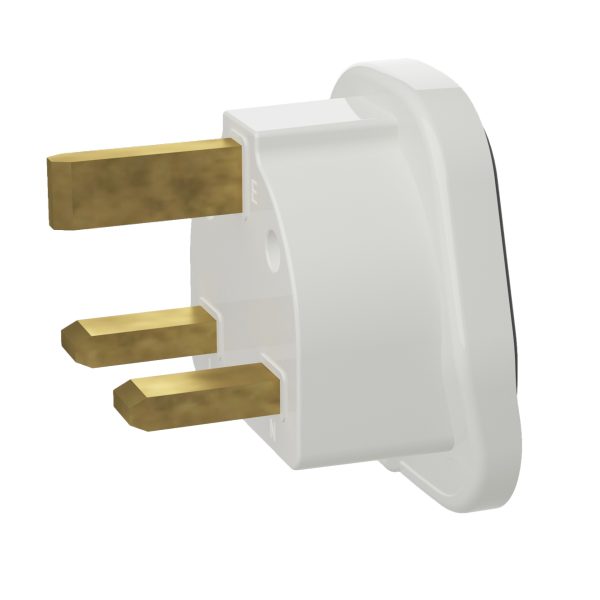 7AGAT iLOCK UK Type G plug adapter with brass pins, 13A, 250V, 3-pin British power converter in white, side view.
